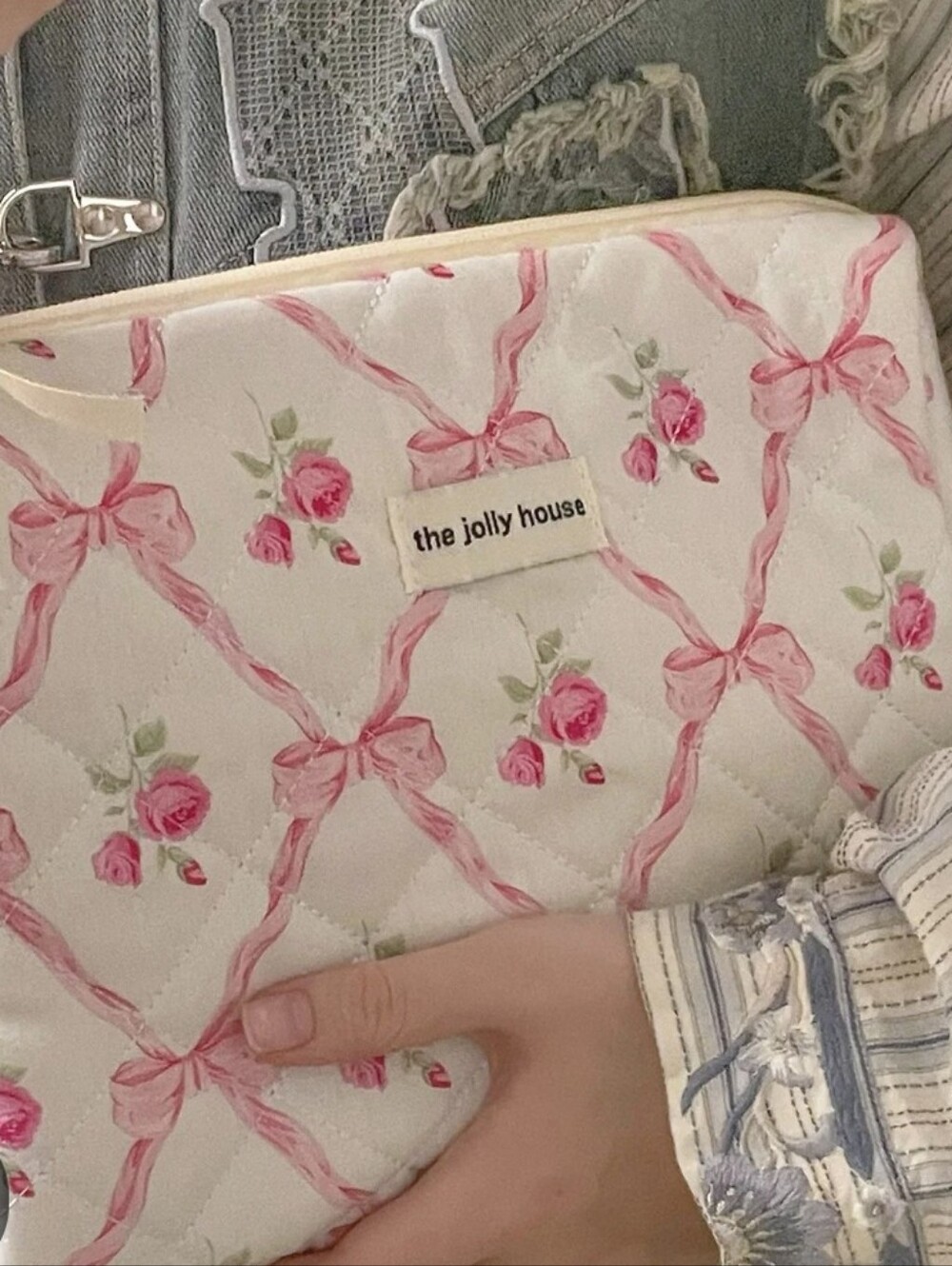 The Jolly House Floral Quilted Wristlet - Pink on Cream